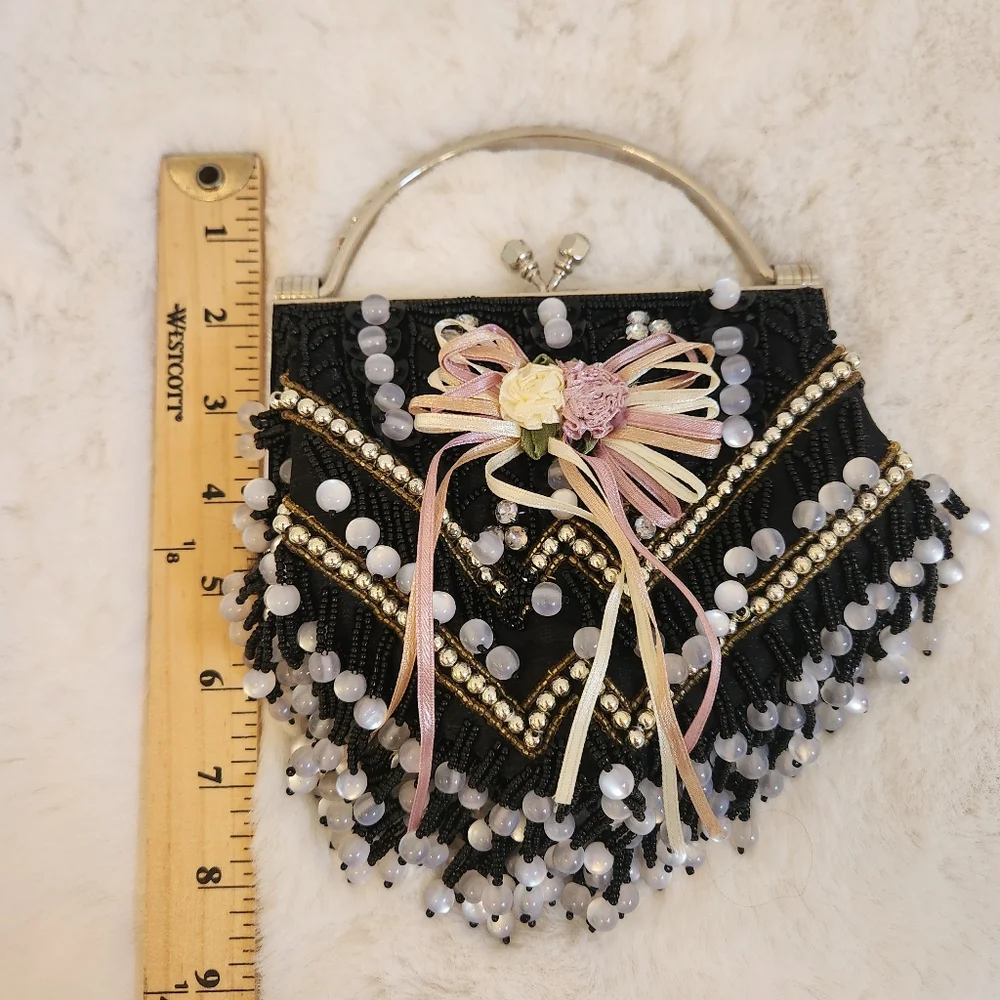 Beaded Handbag Black & White Clutch Purse No Strap